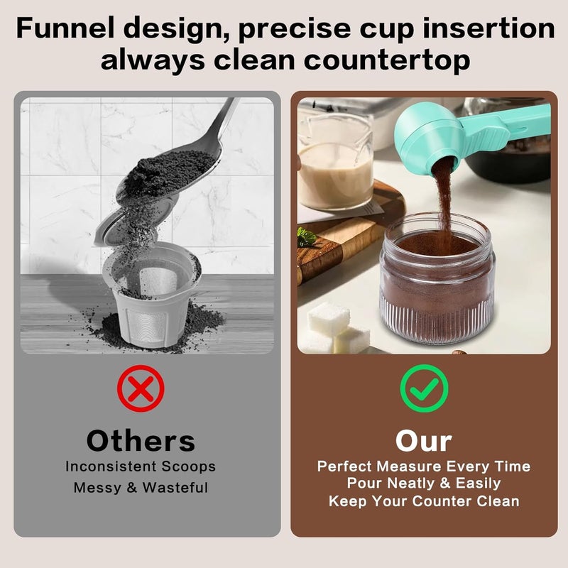 CEILUPY 2-in-1 Coffee Scoop with Funnel, 2 Teaspoon Measuring Spoon for Reusable K Cups, Ground Coffee, Protein Powder & Tea, Mess-Free Plastic Design (Light Green) - Image 3